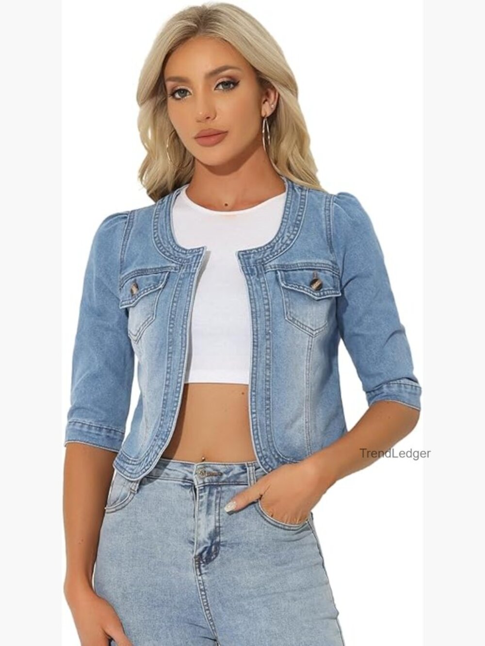 Collarless Denim Cardigan Jacket Crop 34 Sleeve Jean Jacket